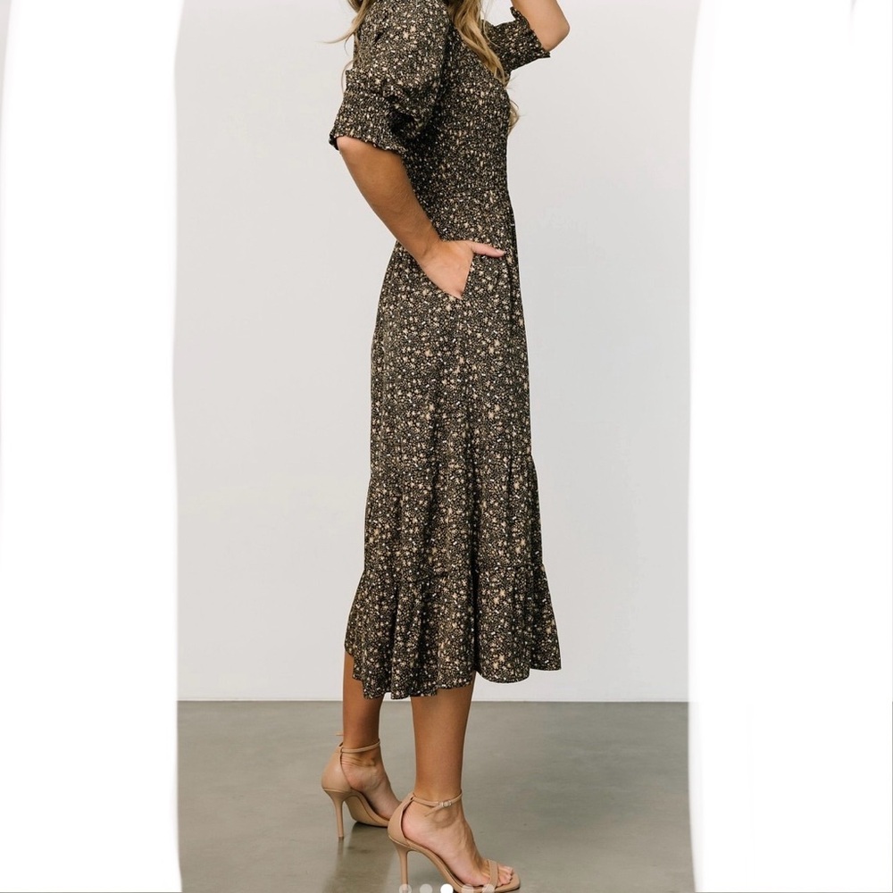 BALTIC BORN Dress Women’s XL Black & Tan Pele Tiered Midi Floral Smock New w/tag - Picture 3 of 14